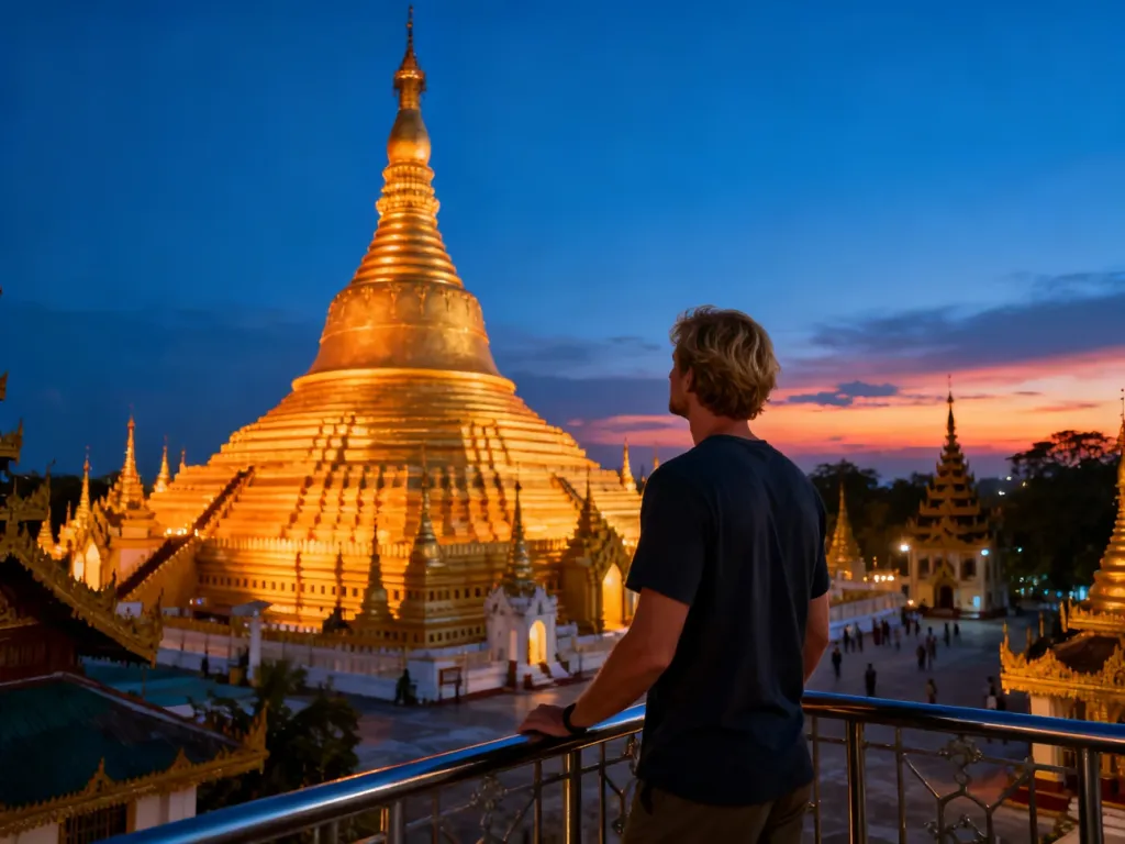 Mężczyzna podziwiający oświetloną złotą pagodę Shwedagon w Rangunie podczas zachodu słońca.
