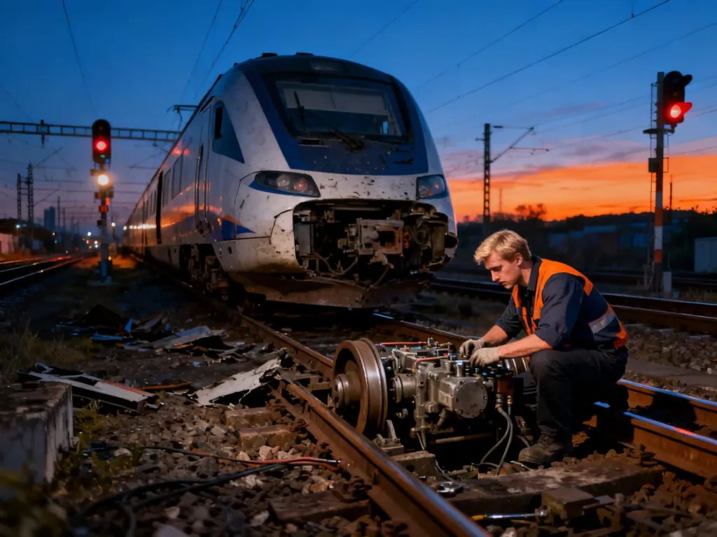 Technik kolejowy dokonuje przeglądu podwozia nowoczesnego pociągu, który zatrzymał się na torach z powodu awarii.