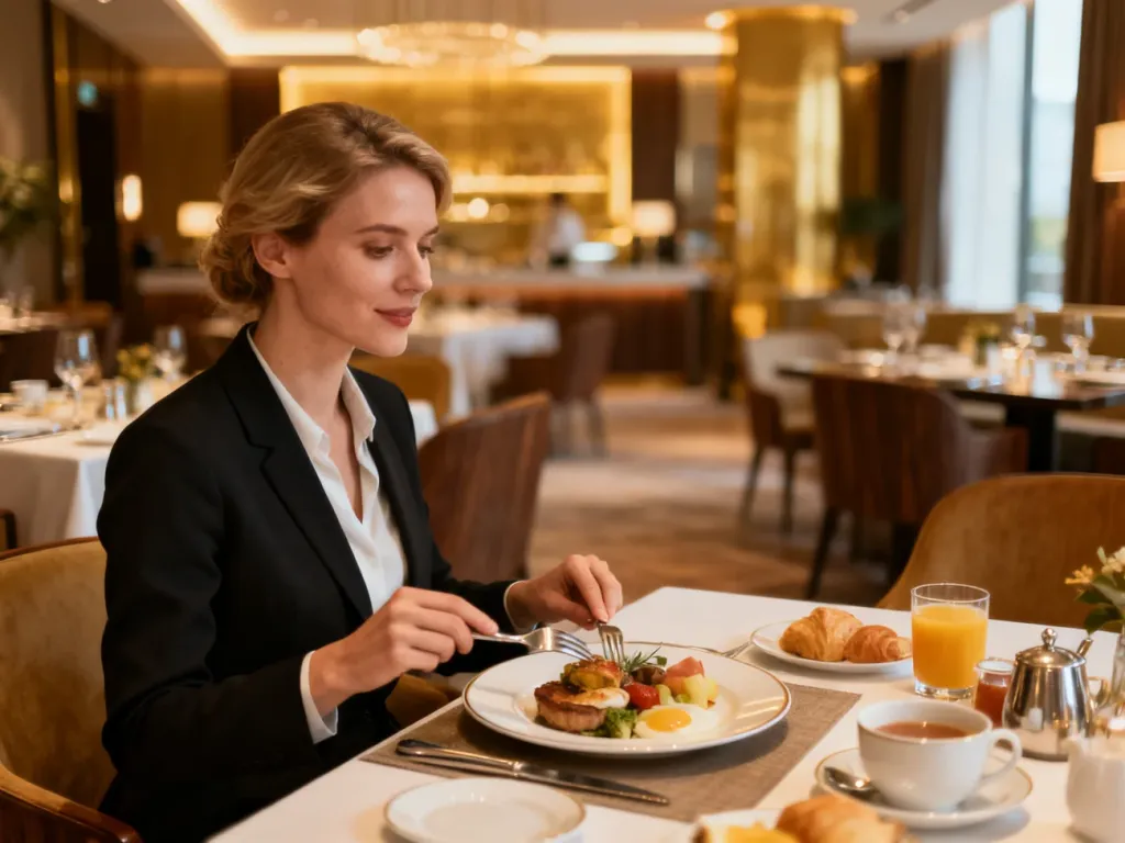 Elegancko nakryty stół w hotelowej restauracji, przy którym kobieta delektuje się wykwintnym posiłkiem.