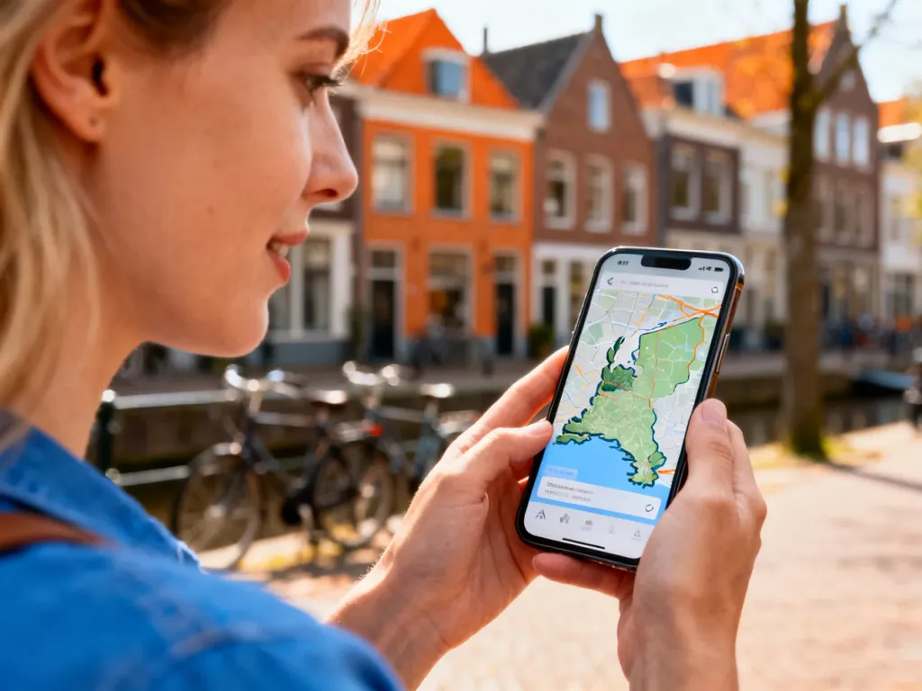 Kobieta sprawdza mapę Holandii na smartfonie na tle tradycyjnej holenderskiej ulicy.