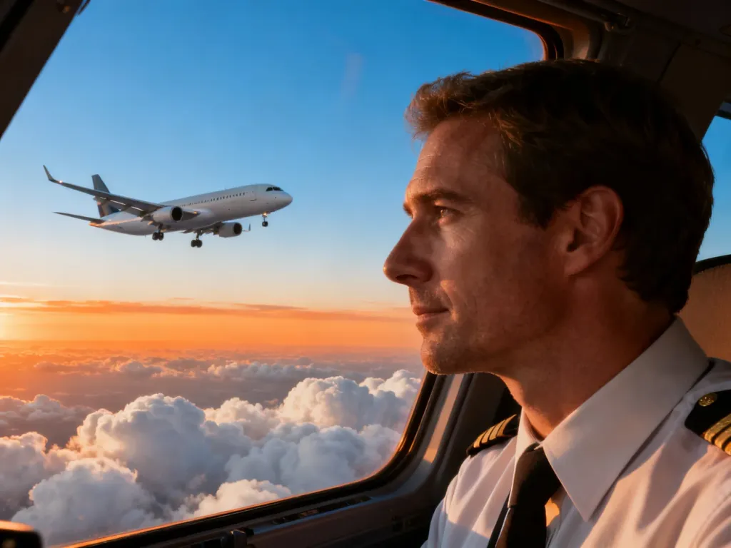 Pilot w kokpicie nowoczesnego samolotu lecącego nad chmurami podczas zachodu słońca.