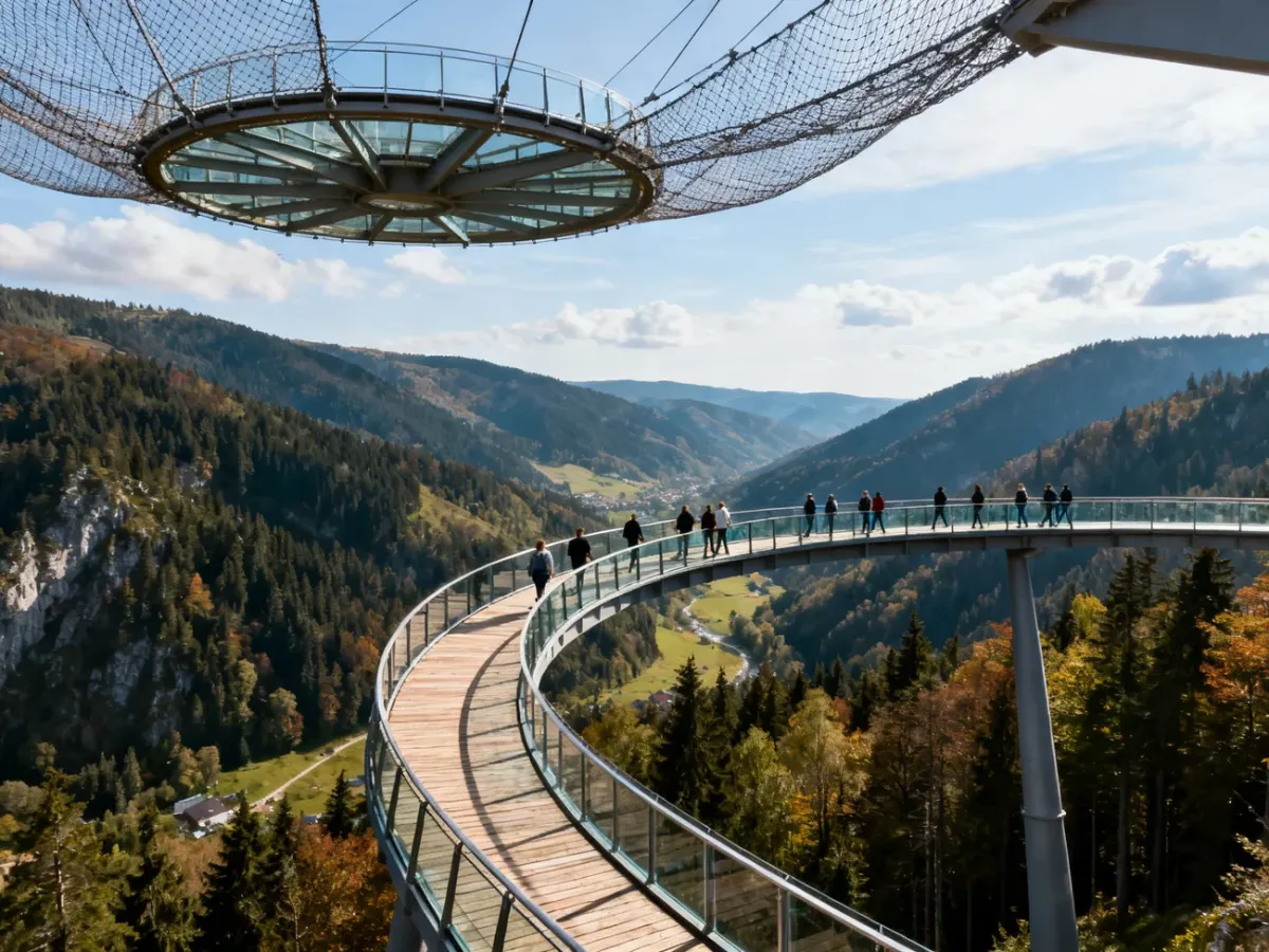 Turyści na nowoczesnej platformie Sky Walk nad górskim krajobrazem