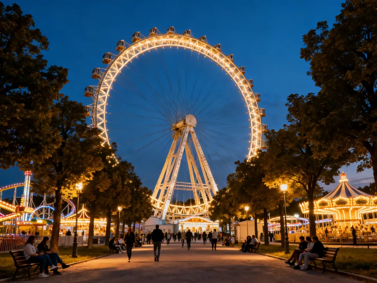 Diabelski młyn Wiener Riesenrad w wieczornym Praterze