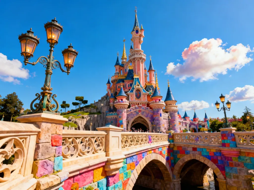 Bajkowy zamek z wysokimi wieżami i kamiennym mostem, symbolizujący magiczną atmosferę parku Disneyland.