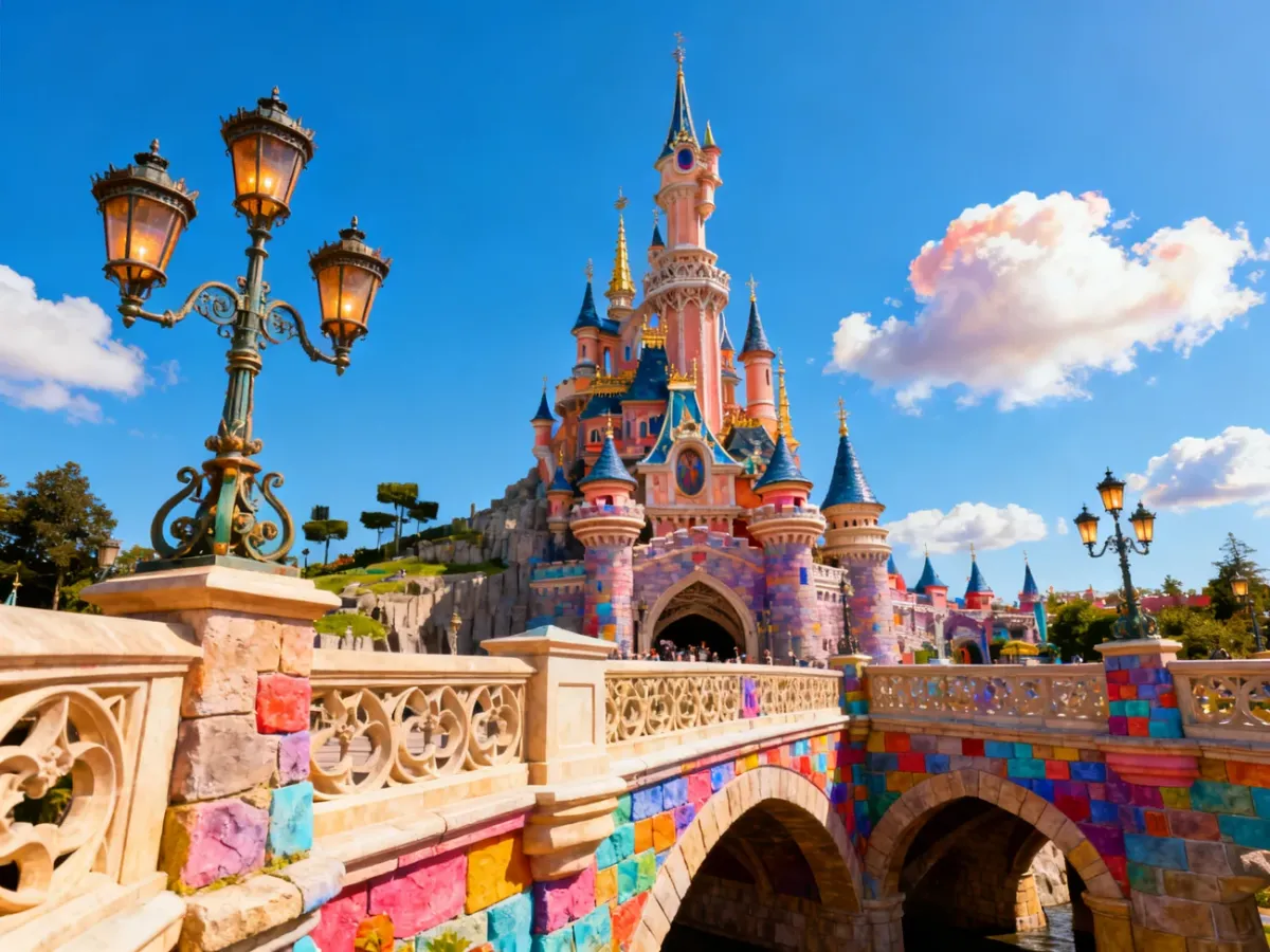 Bajkowy zamek z wysokimi wieżami i kamiennym mostem, symbolizujący magiczną atmosferę parku Disneyland.