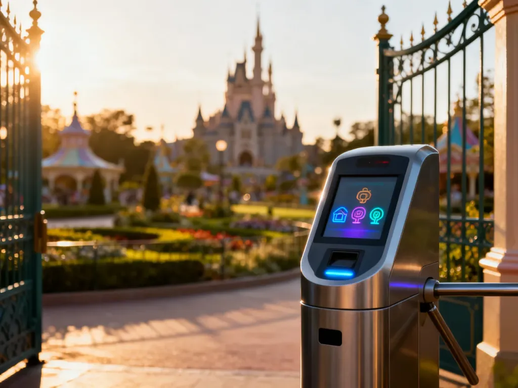 Nowoczesny kiosk biletowy przy wejściu do Disneylandu w Paryżu na tle bajkowego zamku w porannym świetle.