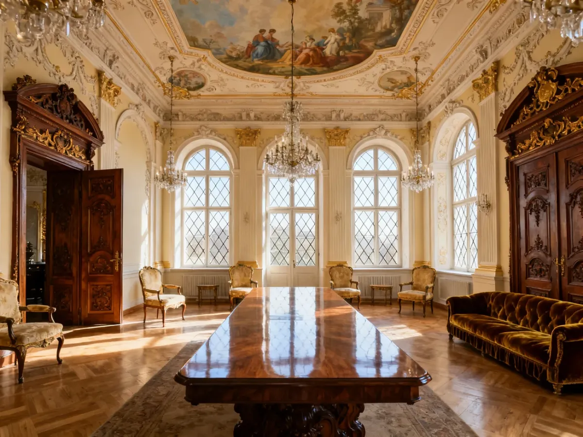 Zabytkowa reprezentacyjna sala we wnętrzu pałacu w Mosznej