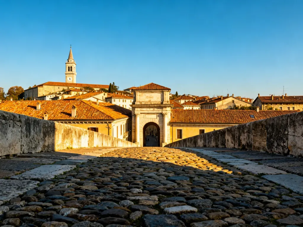 Historyczne uliczki Città Alta w Bergamo o zachodzie słońca, prowadzące do zabytkowej bramy weneckiej.