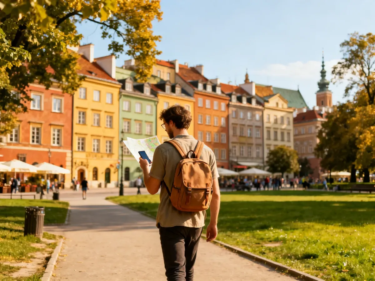 Traveler exploring Warsaw on foot with historic buildings and greenery
