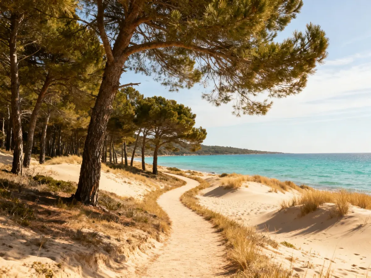 Spokojna plaża Majorki otoczona sosnami i wydmami