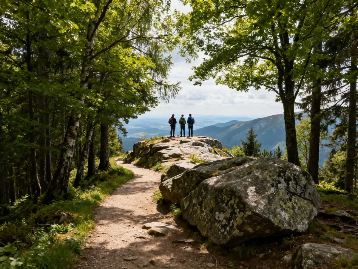 Leśna ścieżka na Karpatkę z widokiem na panoramę Karkonoszy