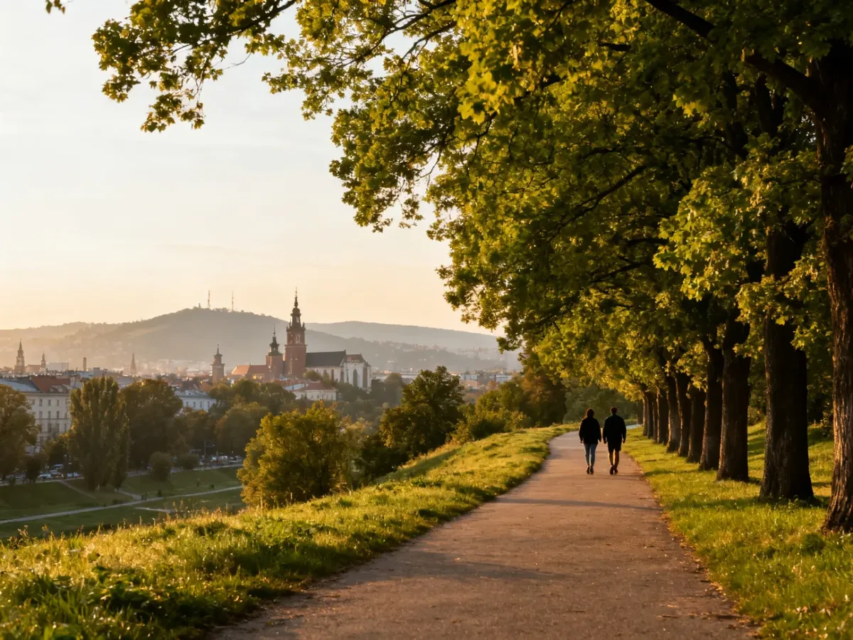 Spokojna ścieżka spacerowa wśród zieleni z panoramą Krakowa