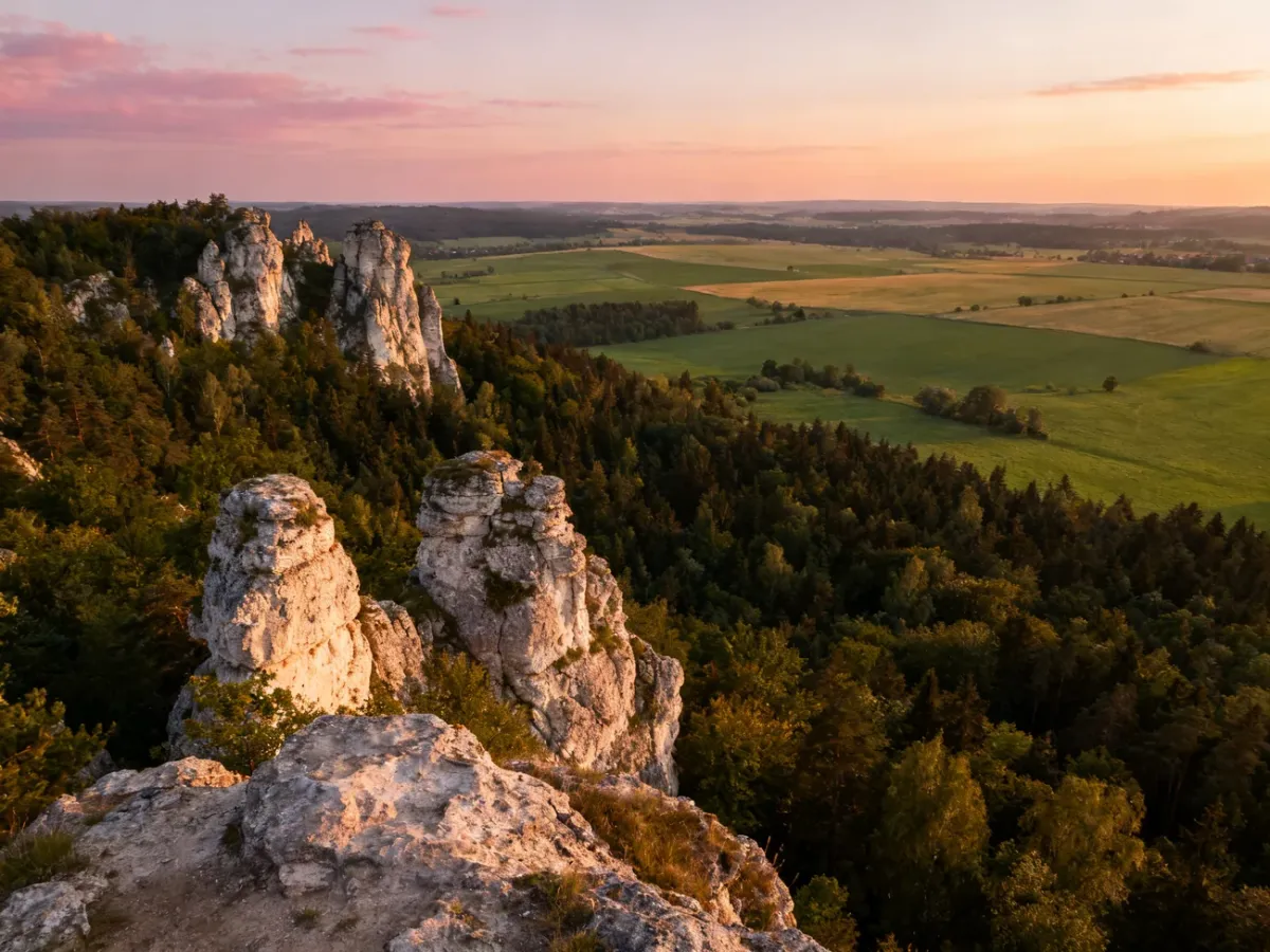 Panorama pól, lasów i jurajskich ostańców znad Doliny Bolechowickiej