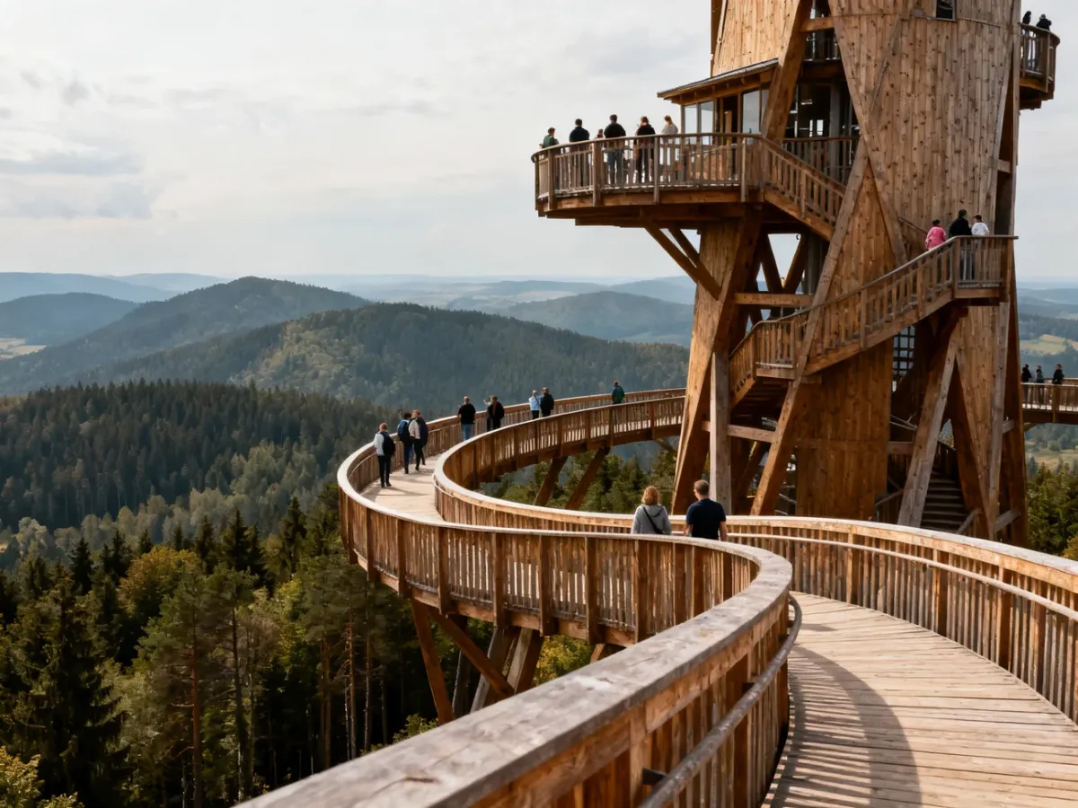 Drewniana wieża Sky Walk z kładką widokową wśród czeskich gór