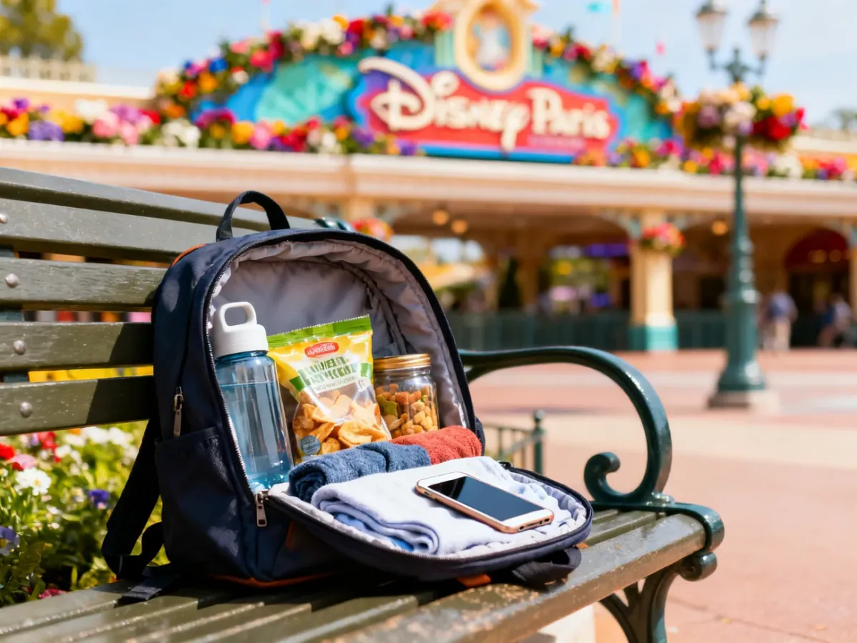 Plecak z wodą, przekąskami i telefonem przygotowany na dzień w Disneyland Paris