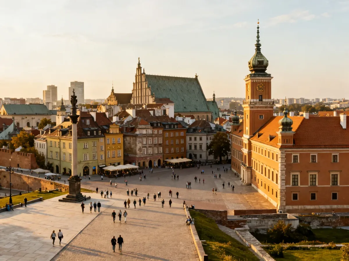 Warsaw museum district with visitors and historic city architecture
