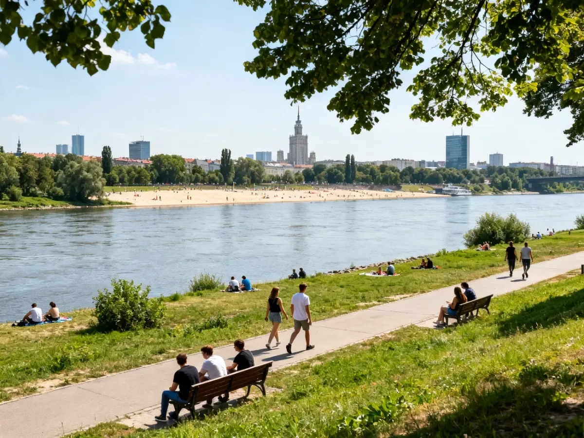 People enjoying a sunny walk by the Vistula River in Warsaw