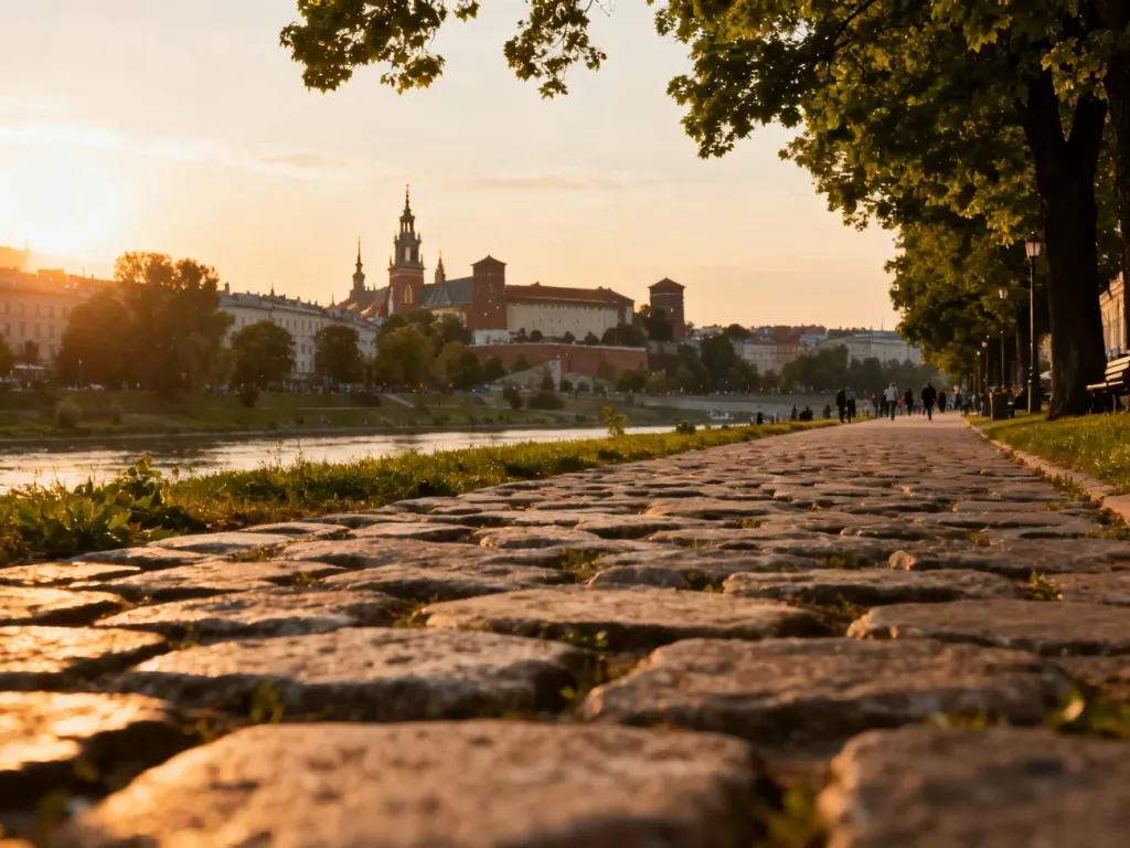Bulwary wiślane w Krakowie o zachodzie słońca z widokiem na Wawel, idealne miejsce na relaksujący spacer.
