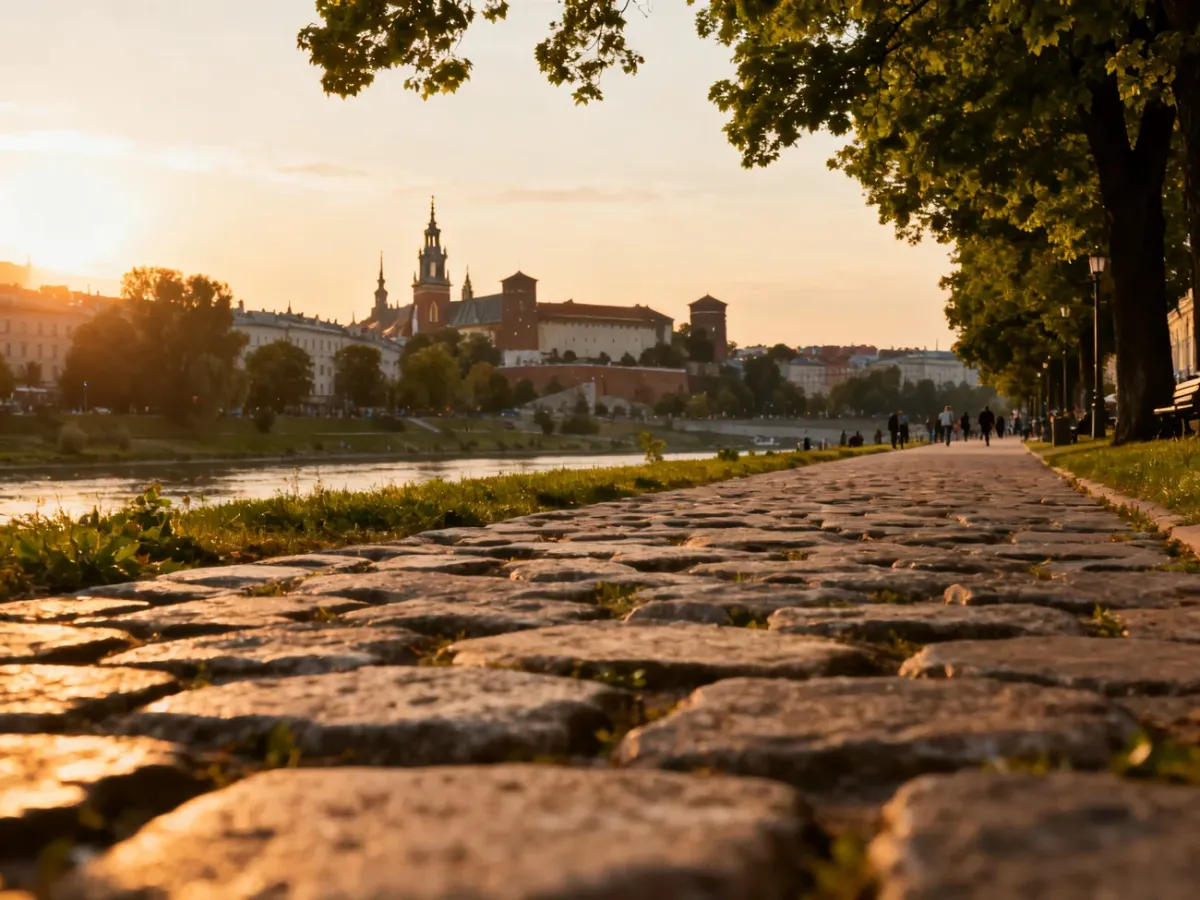 Bulwary wiślane w Krakowie o zachodzie słońca z widokiem na Wawel, idealne miejsce na relaksujący spacer.