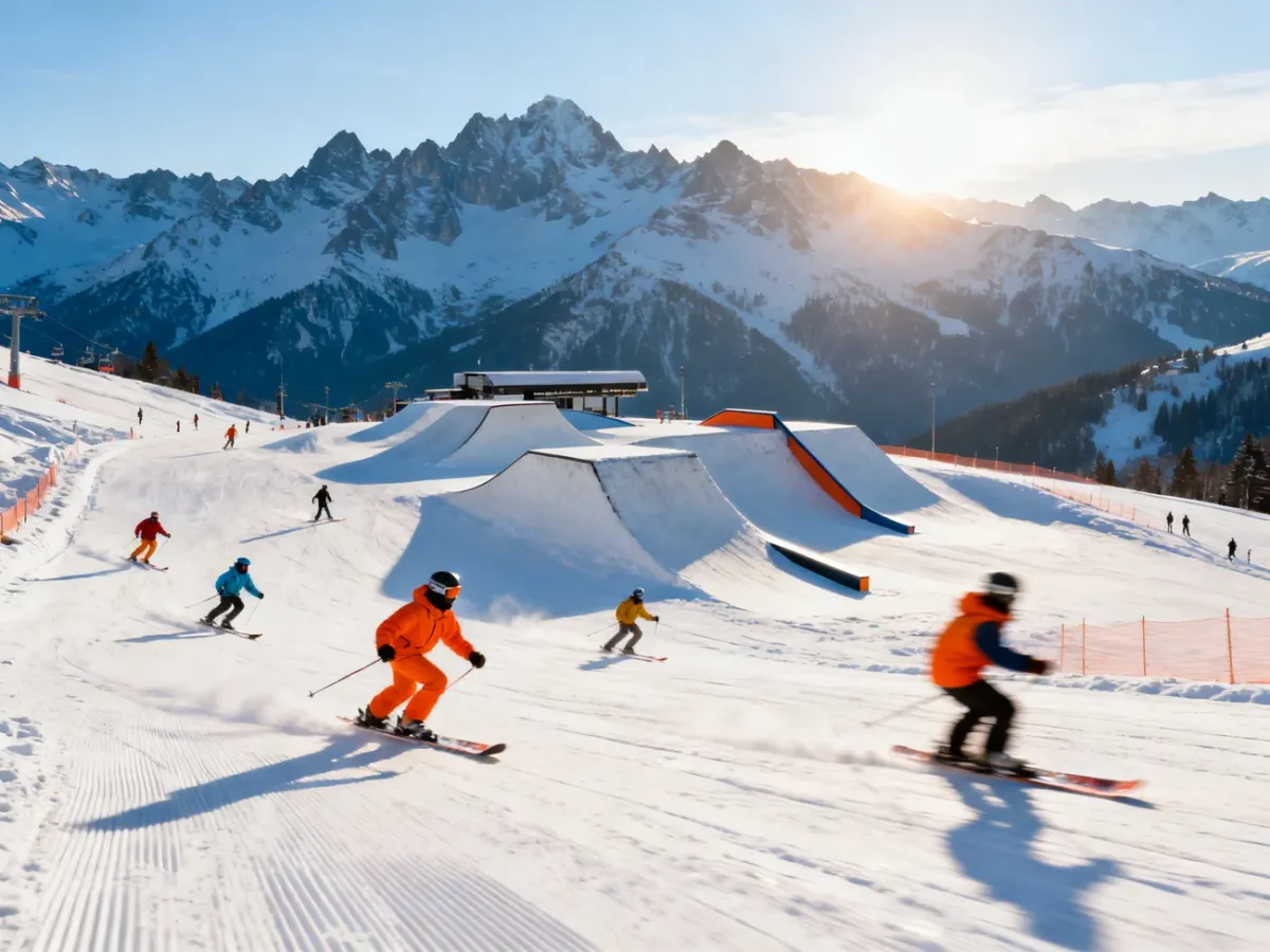 Narciarze i snowboardziści w Livigno obok snowparku
