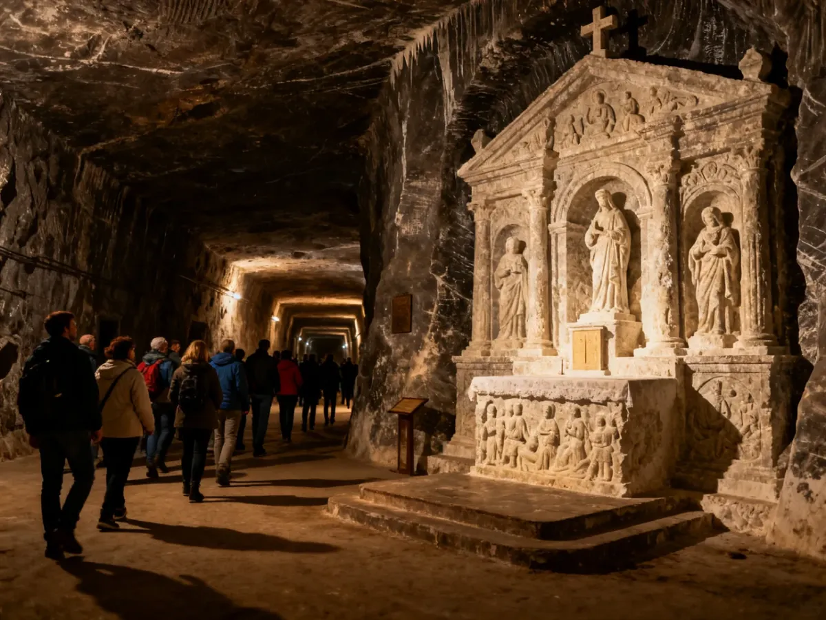 Turyści zwiedzający podziemną kaplicę w kopalni soli w Wieliczce