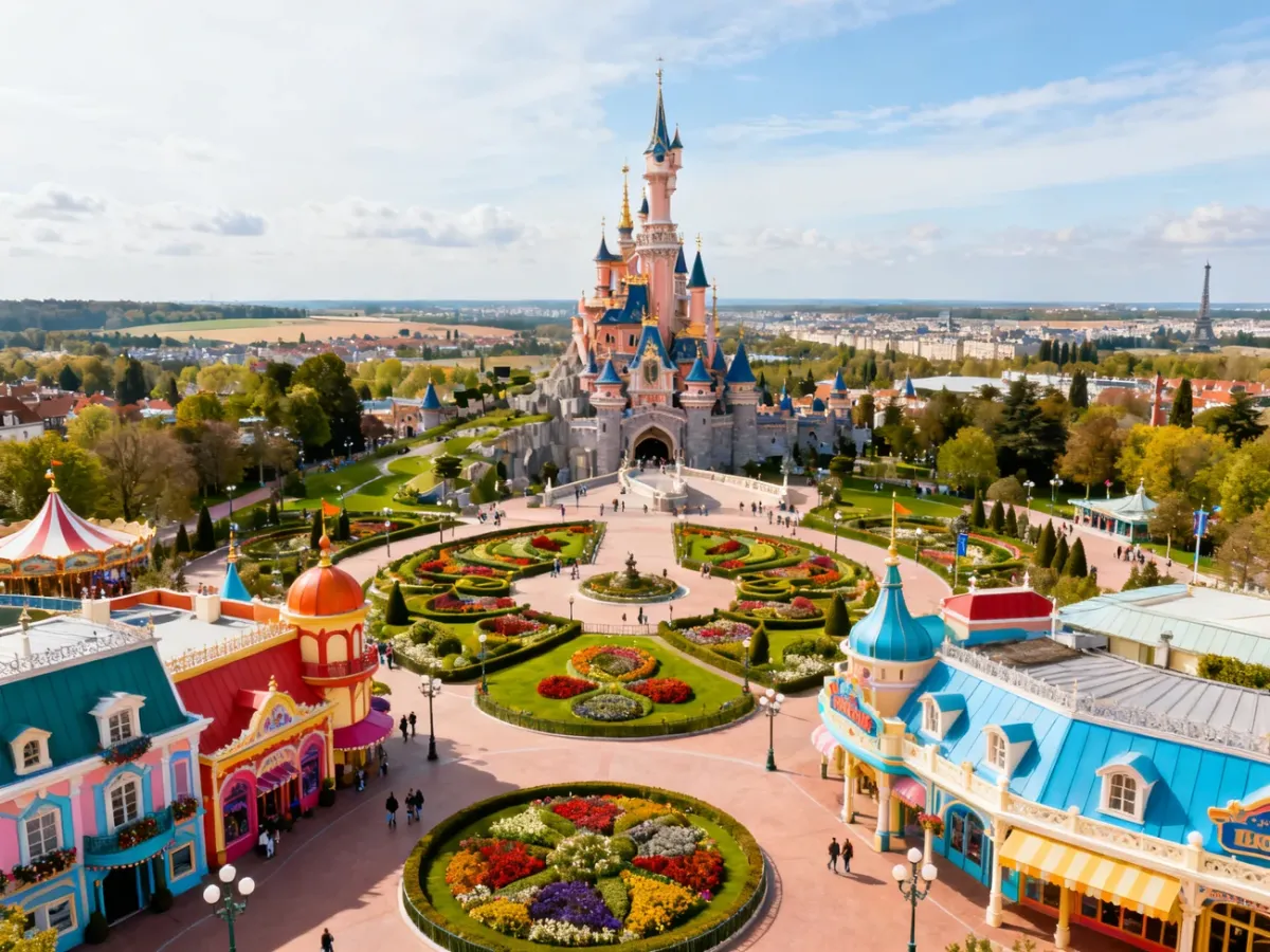 Zamek Disneyland Paris i kolorowe zabudowania parku w Marne-la-Vallée