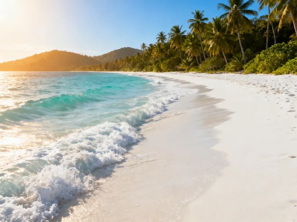 Piaszczysta plaża na Koh Samui z turkusową wodą, palmami i wzgórzami w tle w świetle zachodzącego słońca.
