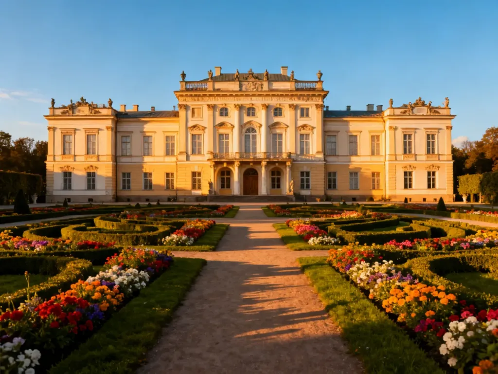 Majestatyczny Pałac Branickich w Białymstoku otoczony barokowymi ogrodami w blasku zachodzącego słońca.