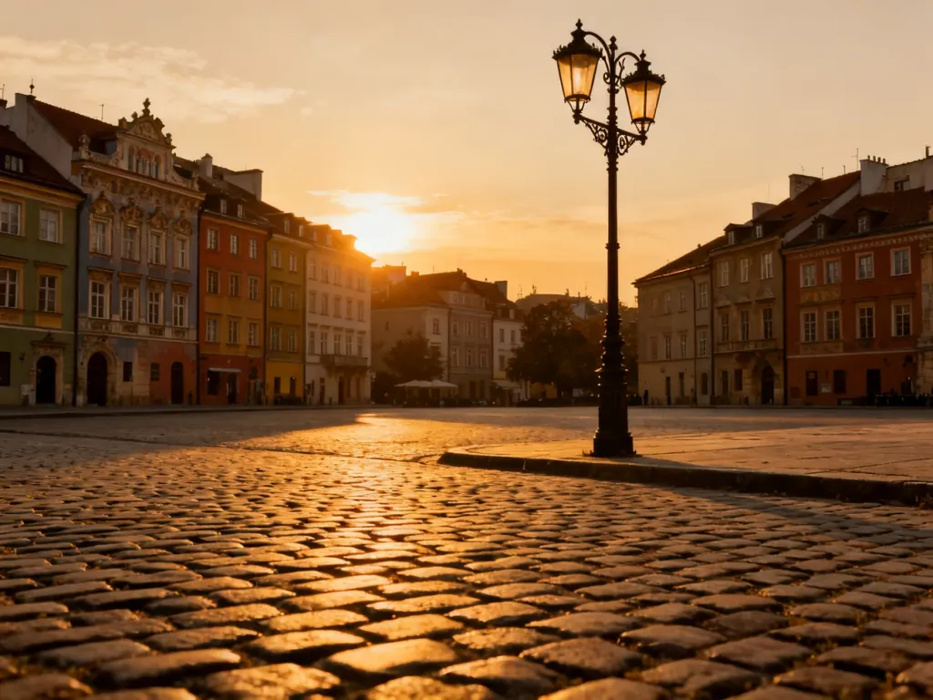 Rynek Starego Miasta w Warszawie o zachodzie słońca z widokiem na zabytkowe kamienice i brukowaną ulicę.
