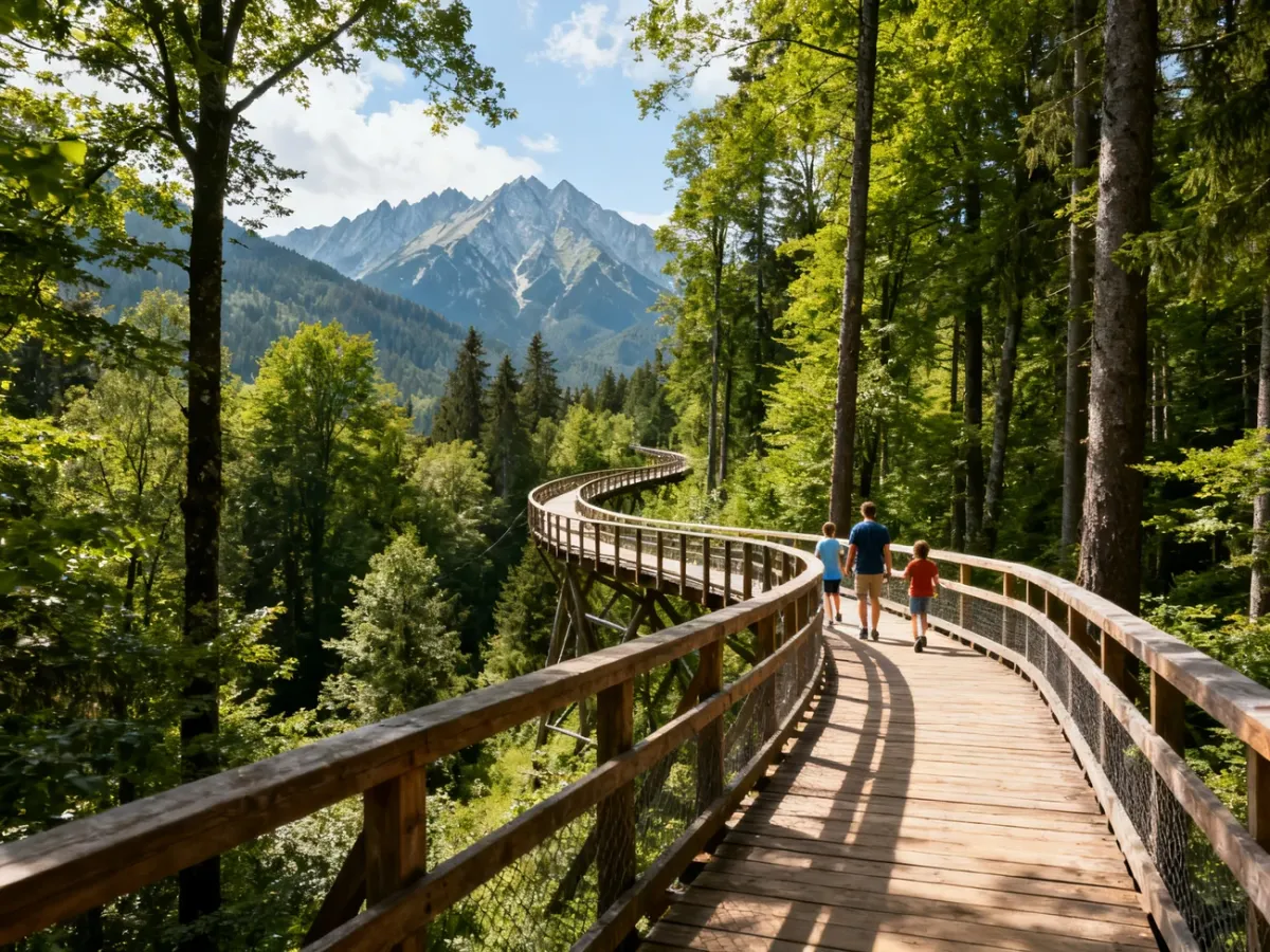 Drewniana ścieżka w koronach drzew z widokiem na Tatry Bielskie