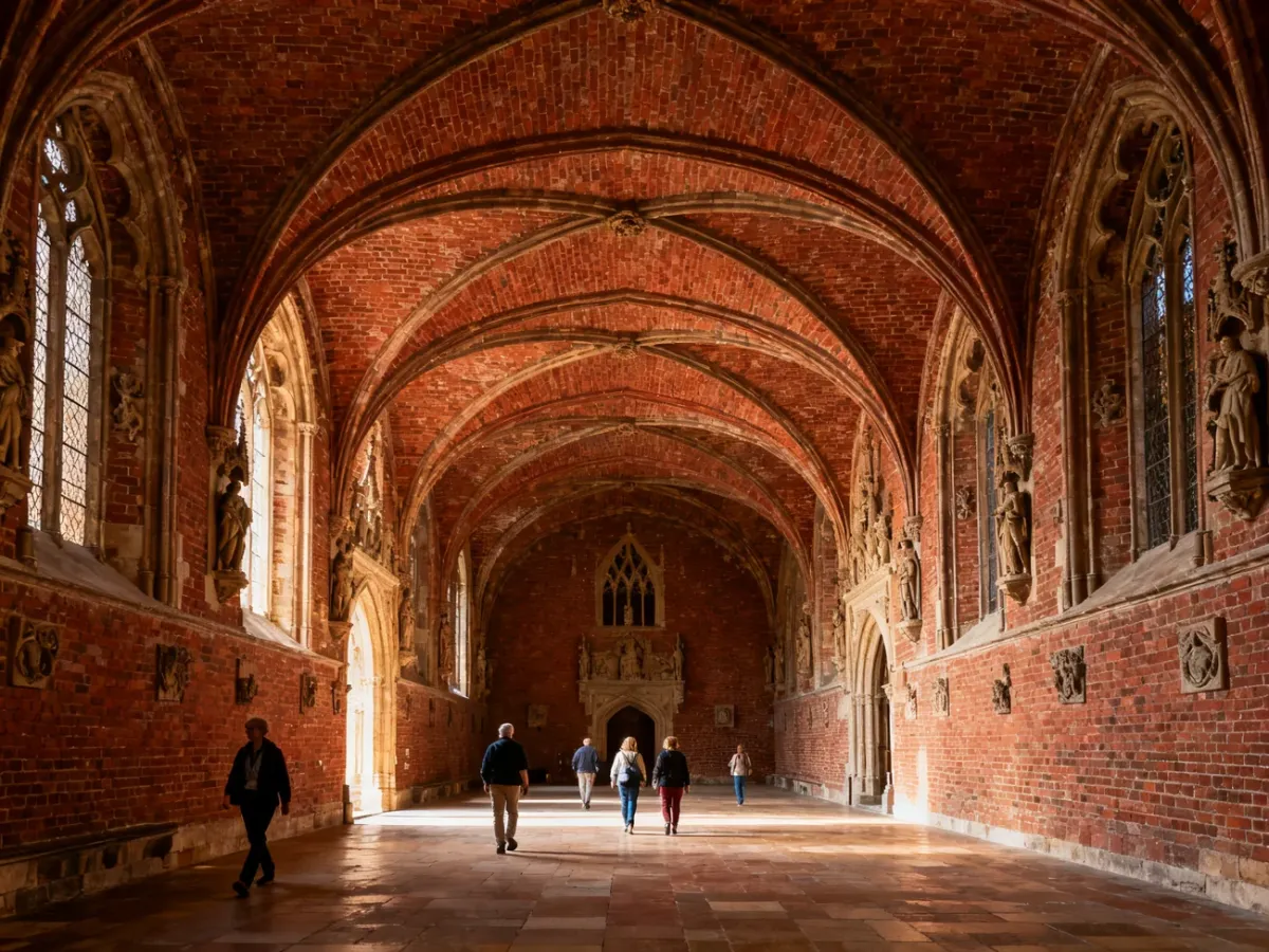 Visitors inside a grand medieval hall at Malbork Castle