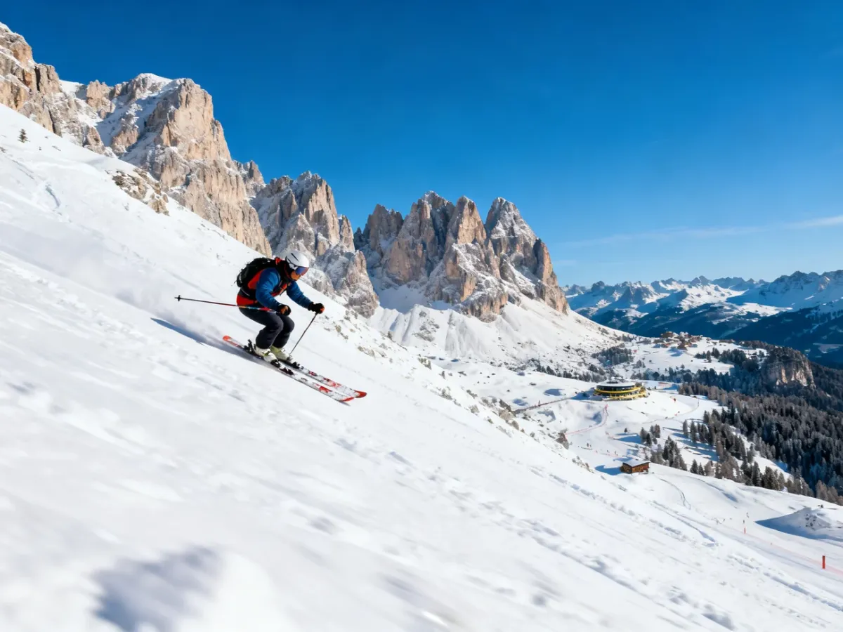 Narciarze na wymagającej trasie w Val Gardenie z widokiem na Dolomity