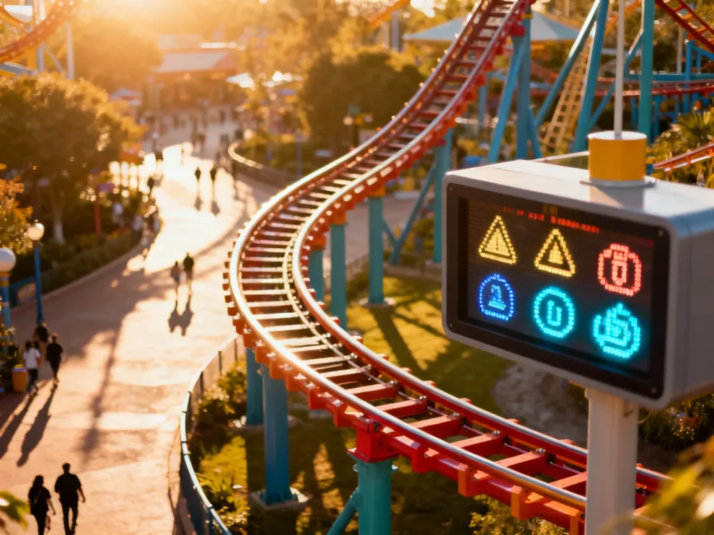 Nowoczesny rollercoaster w Energylandii oraz cyfrowy ekran informujący o czasie oczekiwania w słoneczny dzień.