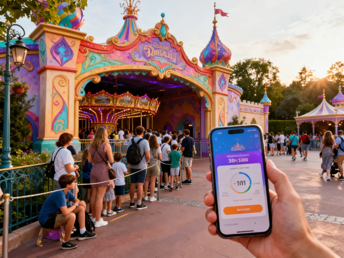 Kolejka do atrakcji w Disneyland Paris i telefon z informacjami o czasie oczekiwania