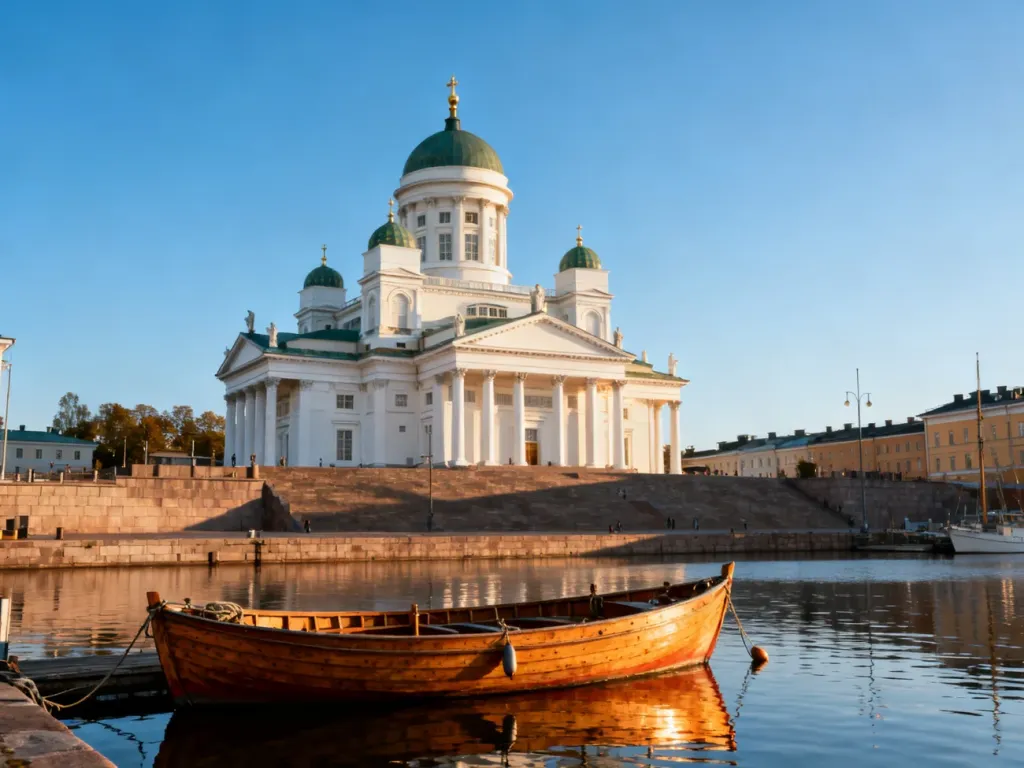 Katedra w Helsinkach z charakterystycznymi zielonymi kopułami oraz tradycyjna łódź na spokojnych wodach portu w świetle poranka.