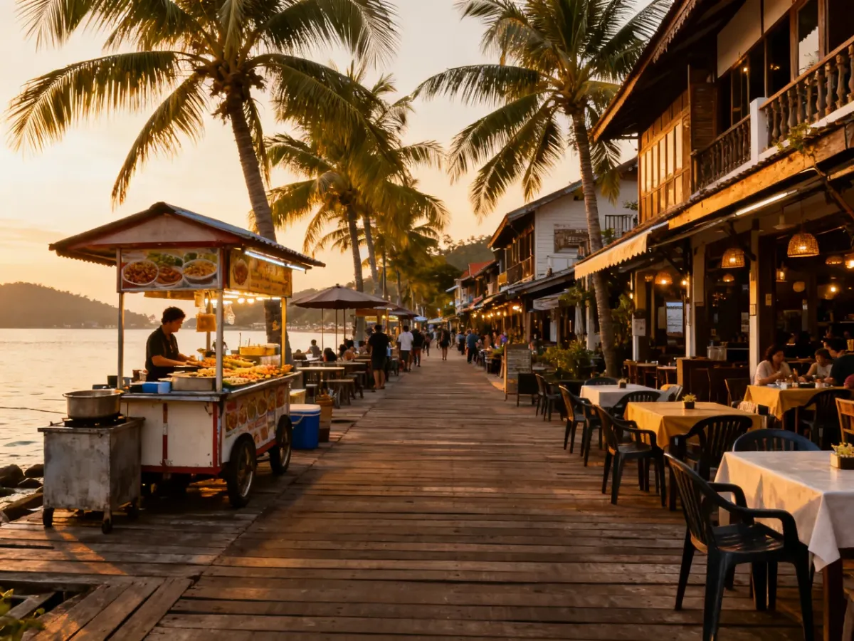 Wieczorna atmosfera Fisherman’s Village w Bophut z restauracjami i straganami nad zatoką