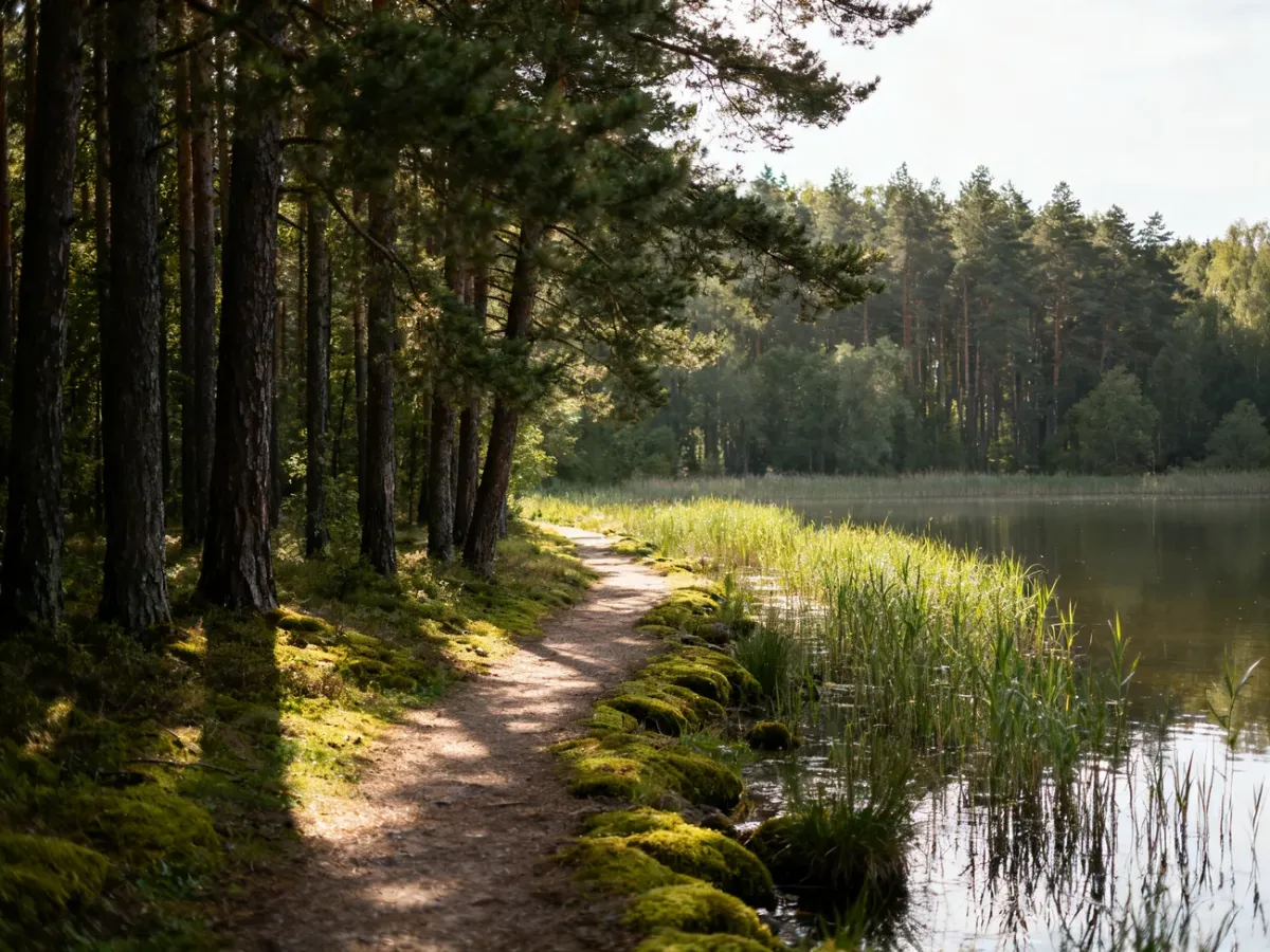Leśna ścieżka nad Jeziorem Torfy wśród drzew i roślinności