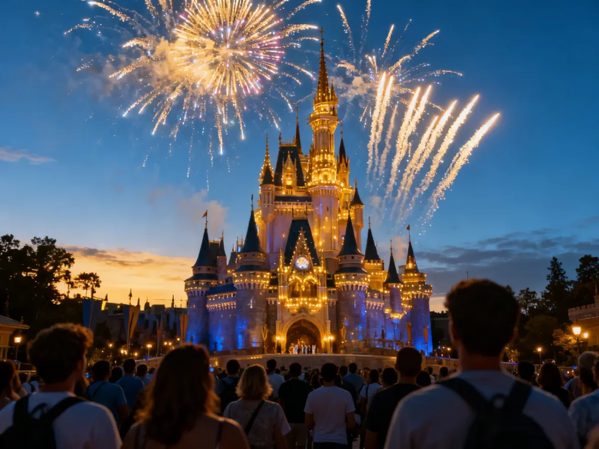 Wieczorny pokaz świateł i fajerwerków nad zamkiem w Disneyland Paris