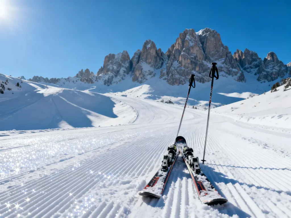 Ośnieżone szczyty włoskich Dolomitów z nartami wbitymi w śnieg na pierwszym planie. Widok na przygotowane stoki narciarskie.