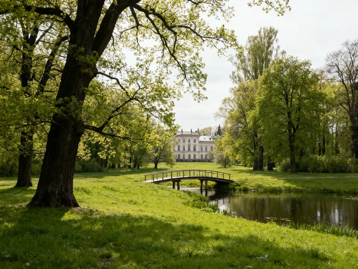 Park pałacowy w Krowiarkach ze stawem, mostkiem i dużymi drzewami