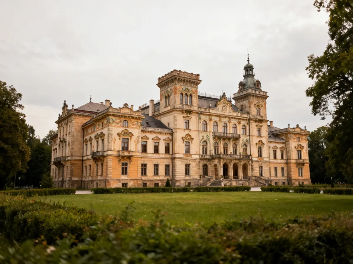 Fasada pałacu w Krowiarkach z wieżami i dekoracyjnymi ryzalitami