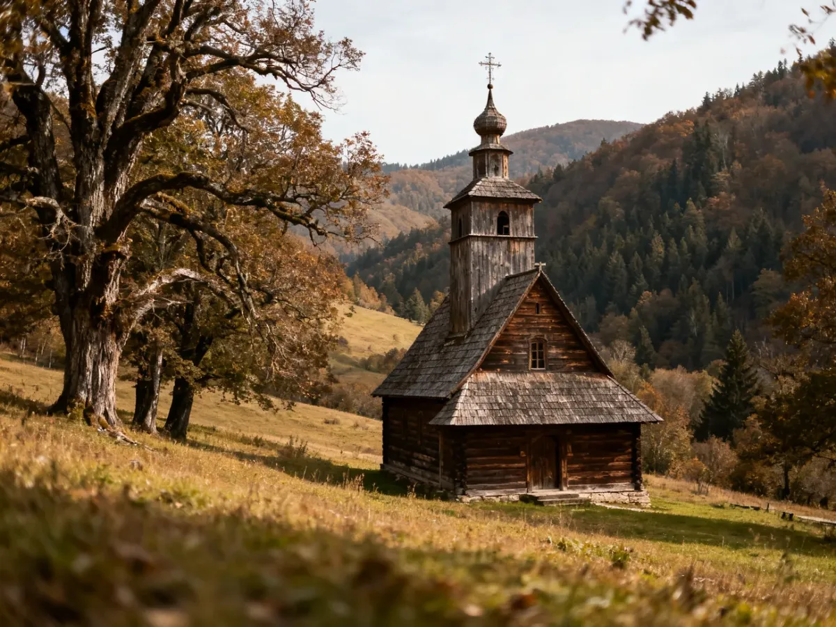 Drewniana cerkiew wśród bieszczadzkich wzgórz