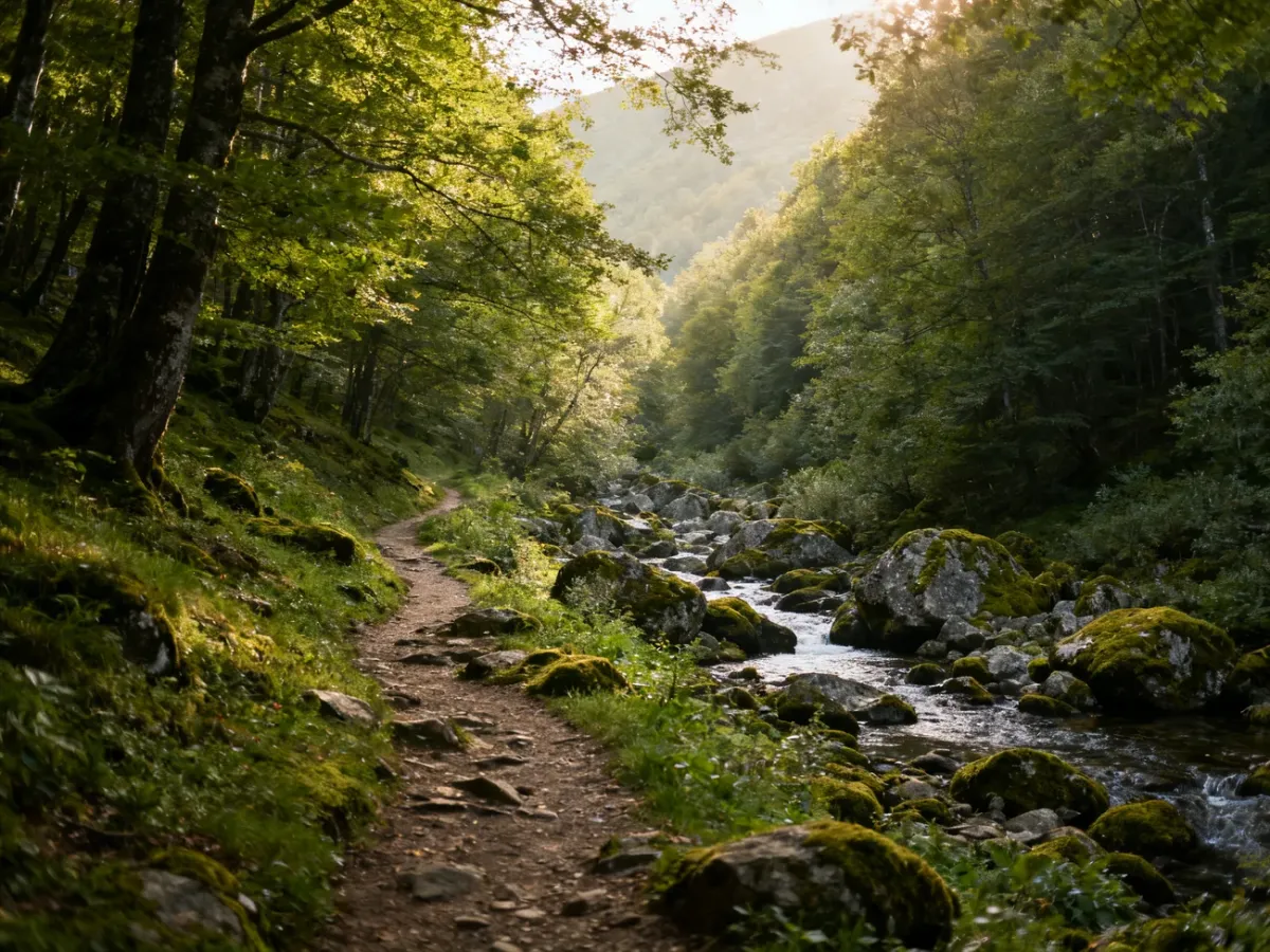 Leśna ścieżka nad górskim potokiem w Bieszczadach