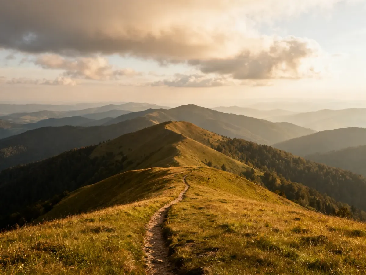 Panorama bieszczadzkich połonin z górskim szlakiem