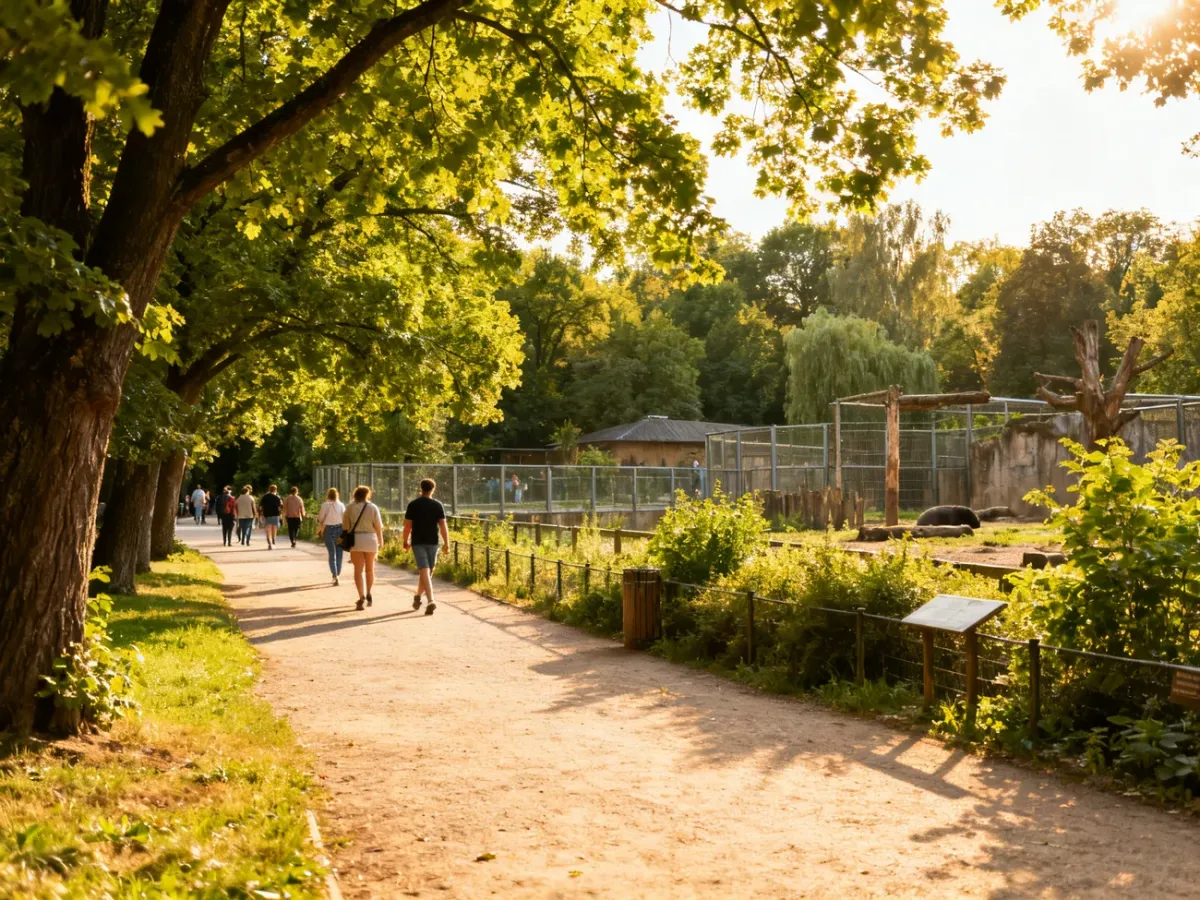 Odwiedzający spacerujący alejką wśród zieleni na terenie Zoo Wrocław